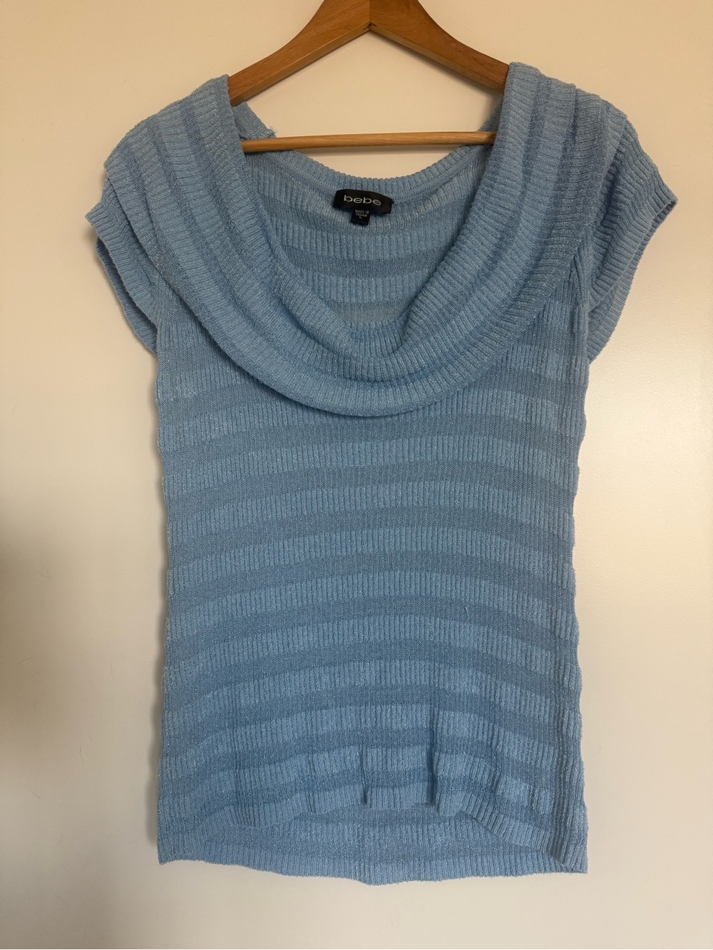 bebe Sky Blue Cowl Neck Short Sleeve Sweater